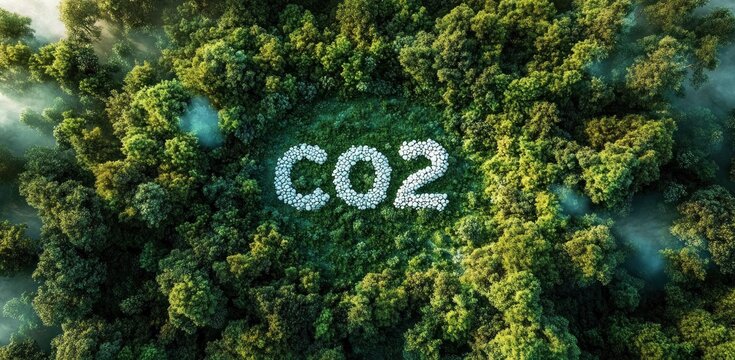 Aerial view of dense forest surrounding a clearing with white stones arranged to form the text 'CO2' symbolizing environmental and climate concerns