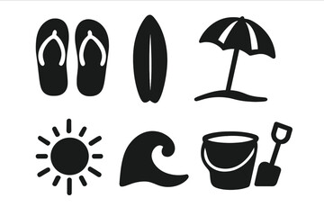 Summer beach icon set vector. Minimalist black silhouettes of holiday essentials. Collection with flip flops, surfboard, sun, wave, umbrella, and sand pail with shovel.