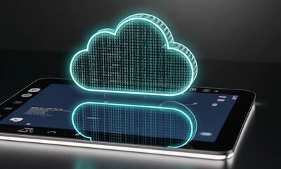 Glowing cloud computing symbol with binary code reflecting on a tablet screen surface - Powered by Adobe