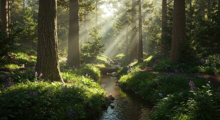 Obraz premium Sunlit Forest Stream with Wildflowers and Majestic Trees