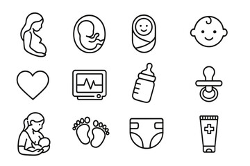 Pregnancy and baby care line icon set. Maternity, newborn healthcare symbols. Motherhood, childbirth and infant icons. Vector fetus, breastfeeding, diaper, bottle pictogram.