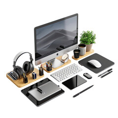 Organized workspace with computer, headphones, accessories