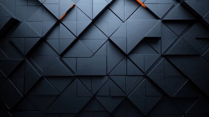 Abstract dark geometric wall with various raised rectangular and triangular panels creating a multi-layered textured pattern with subtle lighting highlights