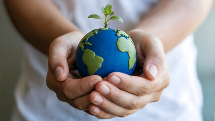 Holding a small clay world globe with a plant growing from the top