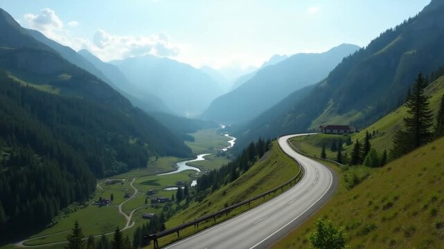 Drone footage captures valley, mountain road, in pristine beauty. Highlights valley, mountain road, amid natural landscapes. Ideal for views of valley, mountain road, and nature