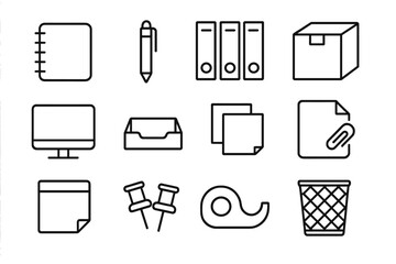 Office essentials icon set. Minimalist outline icons for stationery, organization. Vector symbols for work, business, supplies. Clean linear pictogram collection. Ordered set.