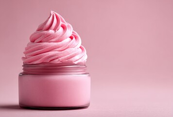Swirled pink creamy substance in a clear jar against a pink background. Smooth texture with soft lighting