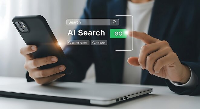 A person using a smartphone with an ai search interface, representing artificial intelligence, mobile technology, and smart search capabilities