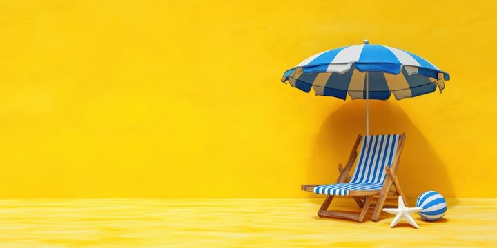 Blue and white striped beach umbrella and deck chair with a striped ball and starfish against a bright yellow background creating a vibrant summer scene