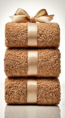 Stack of three rolled, soft, tan towels, held together with a golden ribbon, presented against a light background, creating a serene and spa-like atmosphere