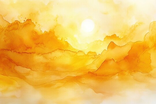 warm golden watercolor painting of hazy mountains under a bright sun in a tranquil misty sunrise or sunset scene
