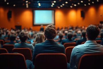 Audience sitting and attentively watching a speaker presentation in a large conference room with warm lighting and focused atmosphere