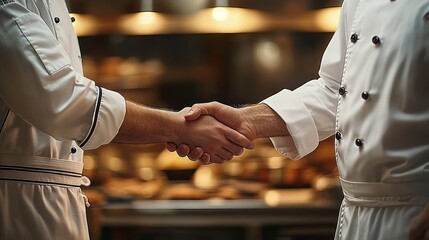 Close-up of two chefs in white uniforms shaking hands in a professional kitchen, symbolizing cooperation and agreement