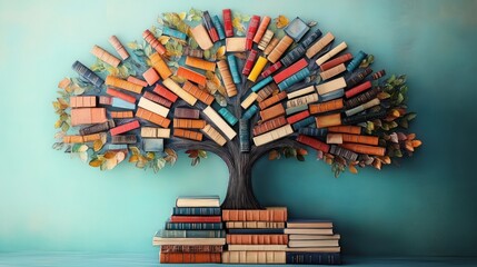 A creative bookshelf shaped like a large tree with colorful books as leaves and thick trunk, set against a teal background evoking knowledge and growth