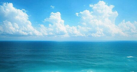 Fototapeta premium Vast calm ocean under bright blue sky with scattered white fluffy clouds
