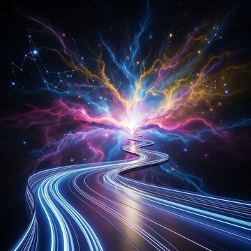 Cosmic expressway connecting constellations to vibrant, nebulous skies