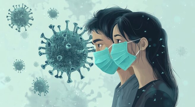 Illustration of two people wearing face masks standing side by side with large virus particles floating around them symbolizing protection and caution during a pandemic - Powered by Adobe