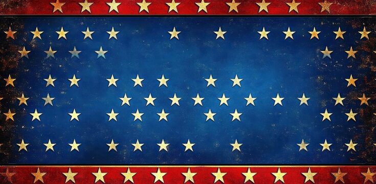 Grunge textured flag with a blue center filled with scattered golden stars and red borders adorned with a row of golden stars, evoking a vintage patriotic feeling