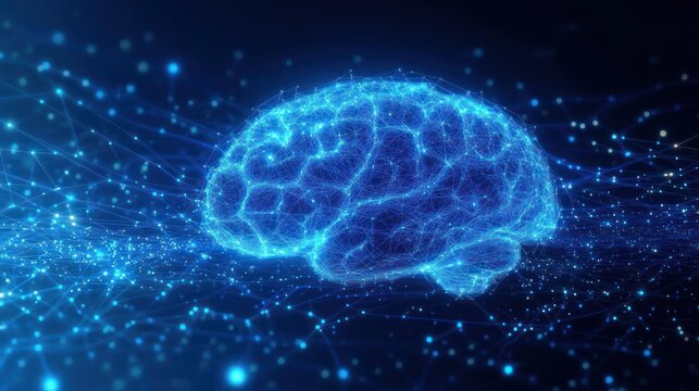 Digital blue neural network brain representation glowing with interconnected nodes and lines in futuristic technology style