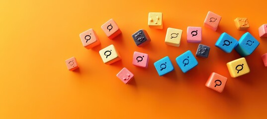 Scattered colorful wooden blocks with question mark and information symbols on bright orange background representing curiosity and inquiry