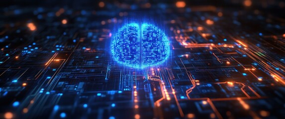 Digital glowing blue brain hologram floating above futuristic circuit board with orange and blue lights representing artificial intelligence and neural networks