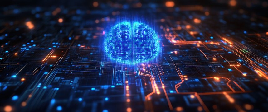 Digital glowing blue brain hologram floating above futuristic circuit board with orange and blue lights representing artificial intelligence and neural networks
