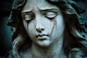 close-up of stone statue of a sorrowful woman with closed eyes and streaks resembling tears on her cheeks