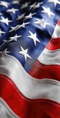 A close-up of a waving flag featuring alternating red and white stripes, along with a blue canton displaying multiple white, five-pointed stars