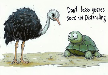 Illustration of a concerned ostrich and a worried turtle with a humorous handwritten message about social distancing and losing it
