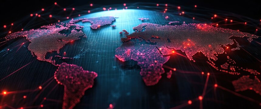 Glowing digital world map with red data points and connecting network lines symbolizing global connectivity and digital communication