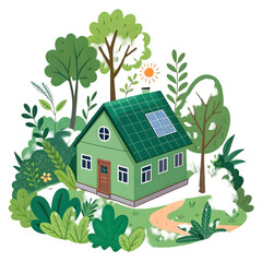 Eco-Friendly Green House in Lush Nature: Sustainable Living Illustration on transparent background
