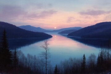 Serene lake at sunset surrounded by forested hills and bare trees with soft pink and blue sky reflecting on calm water