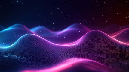Abstract digital wave landscape with glowing blue and pink neon particles under starry night sky conveying futuristic and dynamic motion