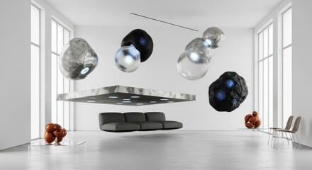 Surreal Floating Sculptures in Minimalist White Room