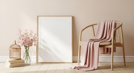Cozy Room Interior with Wooden Chair and Flowers.