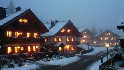 Cozy Village Houses Illuminated in Snowy Winter Evening. - Powered by Adobe