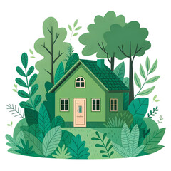 Eco-Friendly Green House in Lush Forest: Sustainable Living Illustration on transparent background
