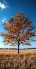 Obraz premium Solitary tree with golden autumn leaves standing in a dry grassy field under a clear blue sky with scattered white clouds
