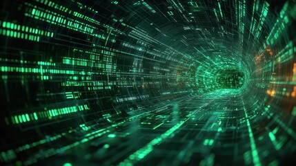 Futuristic digital tunnel with glowing green matrix-style code creating a sense of motion and depth in a high-tech virtual environment
