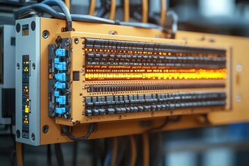 Close-up view of an industrial electronic control panel with illuminated orange lights and various switches and connectors indicating active operation