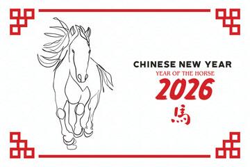 Chinese New Year 2026, the year of the Horse, red and gold line art characters, simple hand-drawn Asian elements with craft (Chinese translation: Happy Chinese New Year 2026, year of the Horse)