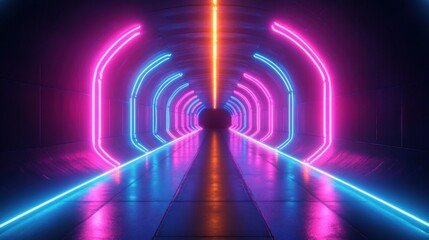 Futuristic tunnel illuminated with vibrant neon pink, blue, and orange lights creating a glowing symmetrical corridor with a reflective floor and dark walls
