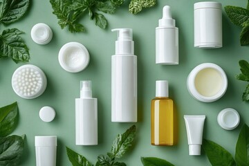 Arrangement of various white cosmetic containers and jars with green leaves on a pastel green background, conveying freshness and natural skincare