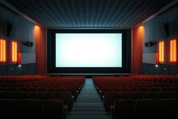 Obraz premium Empty modern cinema theater with a large blank screen and rows of red seats illuminated by warm wall lights creating an inviting atmosphere