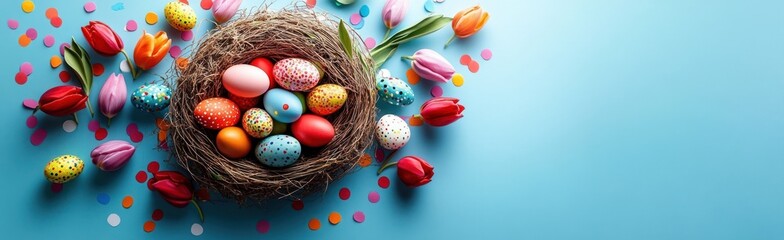 Fototapeta premium Colorful decorated Easter eggs in a bird nest surrounded by tulips and confetti on a bright blue background evoking spring and celebration