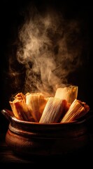 Steaming tamales fill a rustic earthenware pot, presented against a dark backdrop. The rising steam conveys warmth and deliciousness in warm, inviting colors