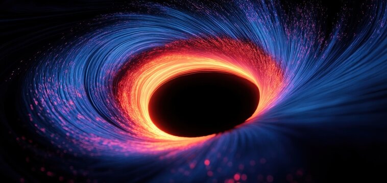 Vortex of glowing blue and purple swirling lines converging into a bright orange and yellow glowing circular center against a dark background evoking energy and motion - Powered by Adobe