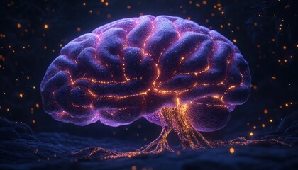 Glowing brain shape with neural-like roots emitting warm orange light in a dark, ethereal environment conveying intelligence and energy