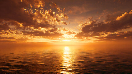 Fototapeta premium Vibrant sunset over calm ocean waters reflecting fiery golden sunlight and dramatic orange clouds