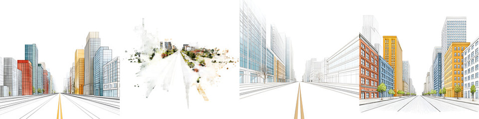 Cityscape Architectural Drawing Collection on White Background